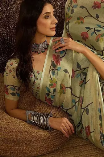 Green floral printed zari border jamdani saree with blouse piece