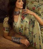 Green floral printed zari border jamdani saree with blouse piece