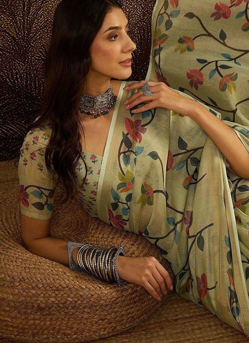 Green floral printed zari border jamdani saree with blouse piece