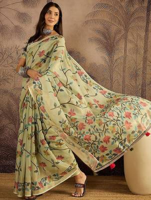 Green floral printed zari border jamdani saree with blouse piece 2