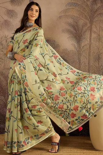 Green floral printed zari border jamdani saree with blouse piece