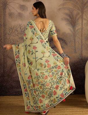 Green floral printed zari border jamdani saree with blouse piece 3