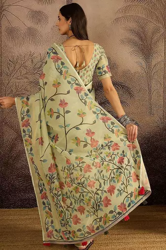 Green floral printed zari border jamdani saree with blouse piece