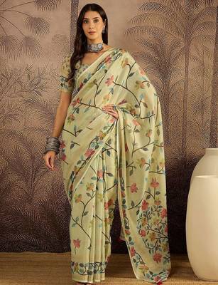 Green floral printed zari border jamdani saree with blouse piece 4