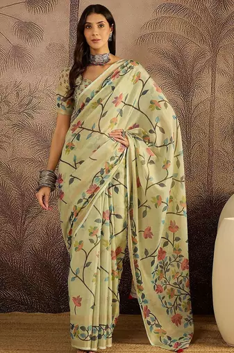 Green floral printed zari border jamdani saree with blouse piece