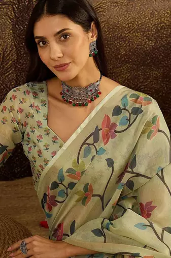 Green floral printed zari border jamdani saree with blouse piece