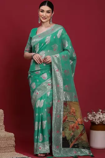 Teal woven design zari banarasi fastive saree with matching blouse