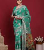 Teal woven design zari banarasi fastive saree with matching blouse