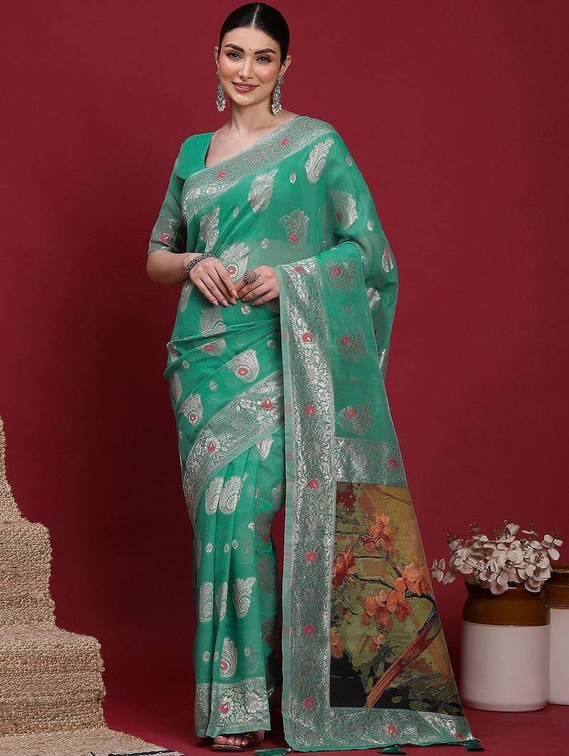 Teal woven design zari banarasi fastive saree with matching blouse