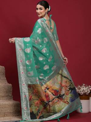 Teal woven design zari banarasi fastive saree with matching blouse 2