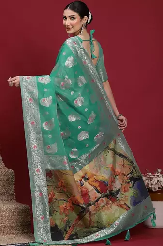 Teal woven design zari banarasi fastive saree with matching blouse