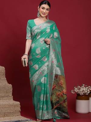 Teal woven design zari banarasi fastive saree with matching blouse 3