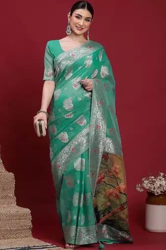 Teal woven design zari banarasi fastive saree with matching blouse