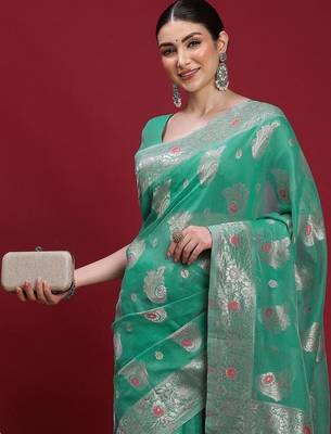 Teal woven design zari banarasi fastive saree with matching blouse 4