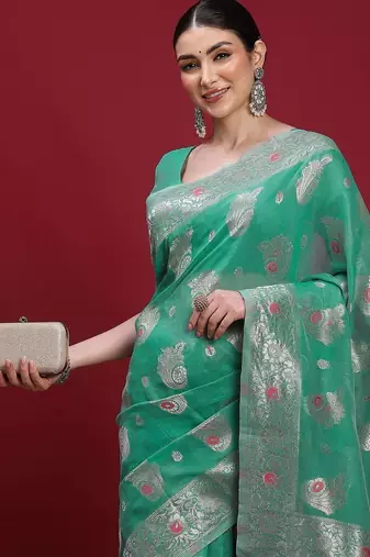 Teal woven design zari banarasi fastive saree with matching blouse