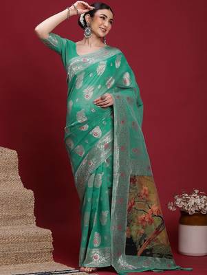 Teal woven design zari banarasi fastive saree with matching blouse 5