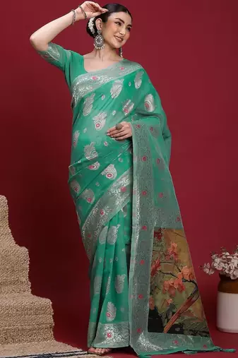 Teal woven design zari banarasi fastive saree with matching blouse