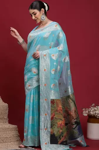 Blue ethnic motifs banarasi fastive saree