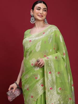 Green woven design zari banarasi fastive saree with matching blouse 1