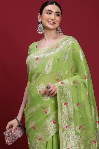 Green woven design zari banarasi fastive saree with matching blouse