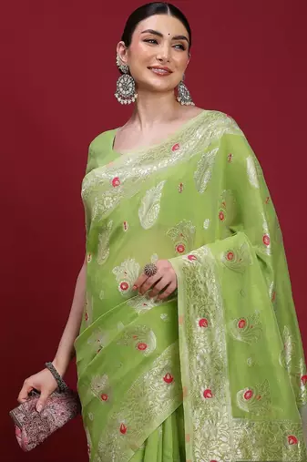 Green woven design zari banarasi fastive saree with matching blouse