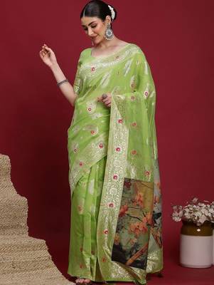 Green woven design zari banarasi fastive saree with matching blouse 2