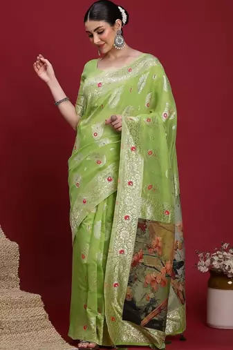 Green woven design zari banarasi fastive saree with matching blouse