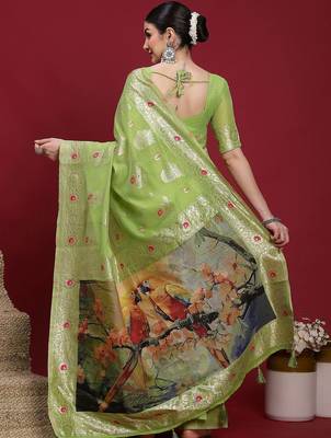 Green woven design zari banarasi fastive saree with matching blouse 3