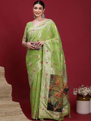 Green woven design zari banarasi fastive saree with matching blouse 4