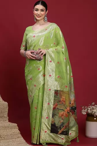 Green woven design zari banarasi fastive saree with matching blouse