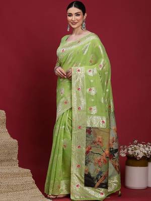 Green woven design zari banarasi fastive saree with matching blouse 5