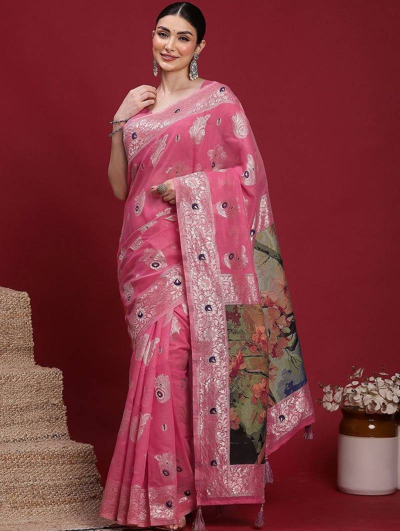 Pink ethnic motifs banarasi fastive saree