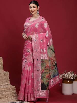 Pink ethnic motifs banarasi fastive saree 3