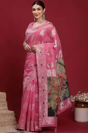 Pink ethnic motifs banarasi fastive saree