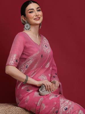 Pink ethnic motifs banarasi fastive saree 4