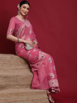 Pink ethnic motifs banarasi fastive saree 5