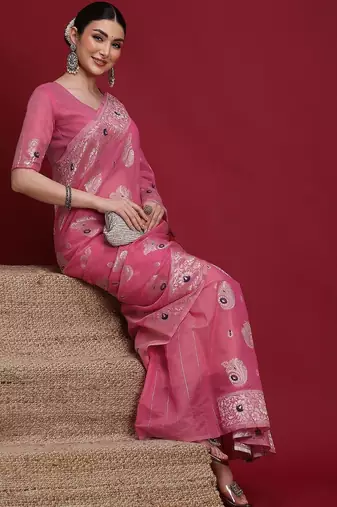 Pink ethnic motifs banarasi fastive saree