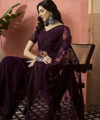 Burgundy embroidered saree 1