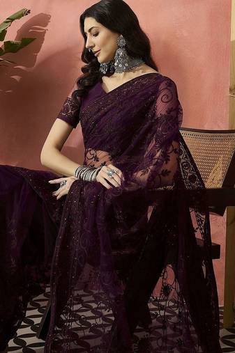Burgundy embroidered saree