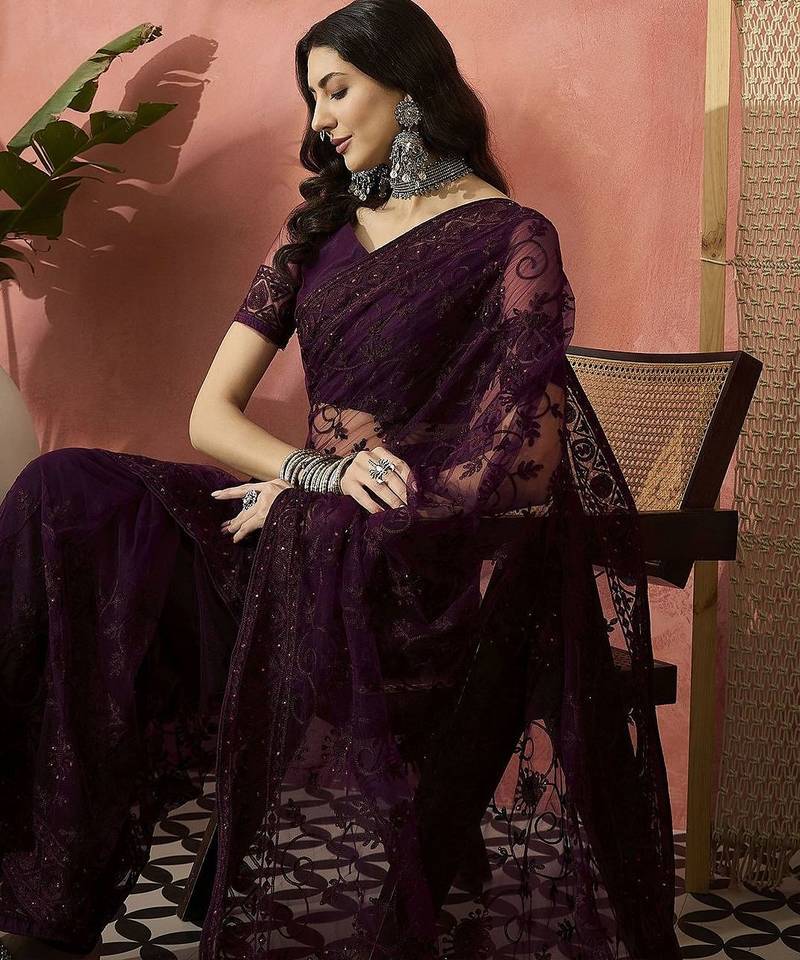 Burgundy embroidered saree