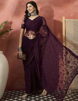 Burgundy embroidered saree 2