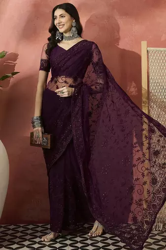 Burgundy embroidered saree
