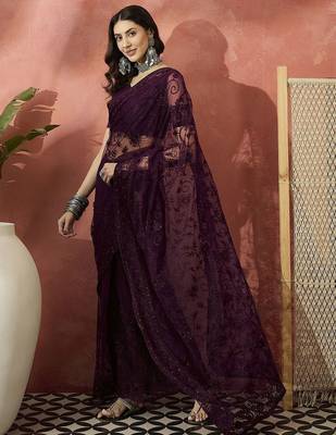 Burgundy embroidered saree 3