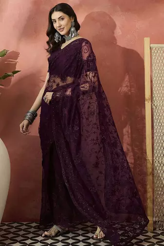 Burgundy embroidered saree