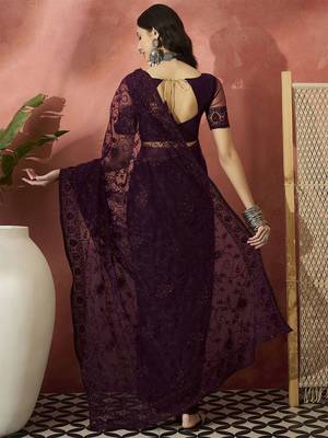 Burgundy embroidered saree 4