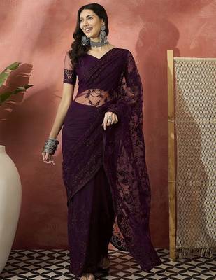Burgundy embroidered saree 5