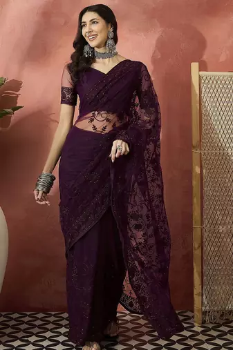 Burgundy embroidered saree