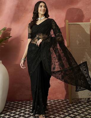 Black embroidered net saree with unstitched blouse 1
