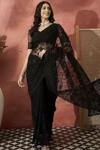 Black embroidered net saree with unstitched blouse