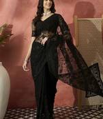 Black embroidered net saree with unstitched blouse